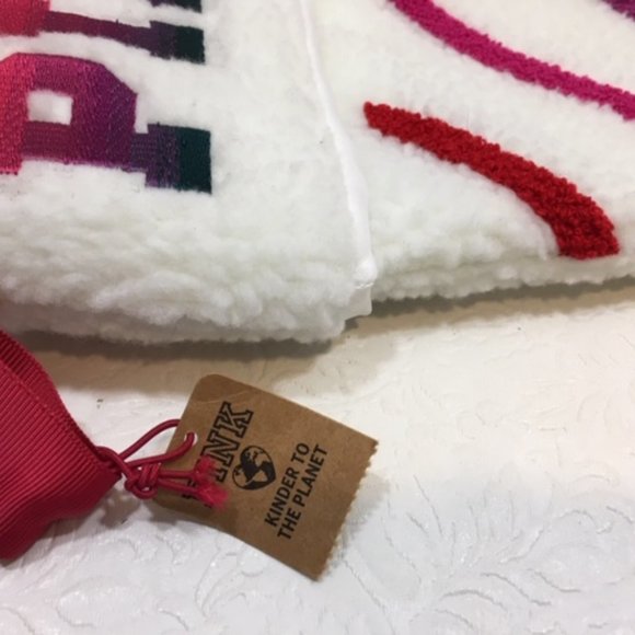 Victoria’s Secret Pink Christmas Stocking Fuzzy Fur White w/Multicolored Stripes - Picture 4 of 6